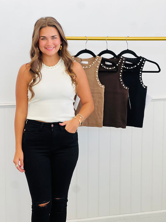 Crystal & Pearl Detailed Tank Top (Reg.) - 4 Colors