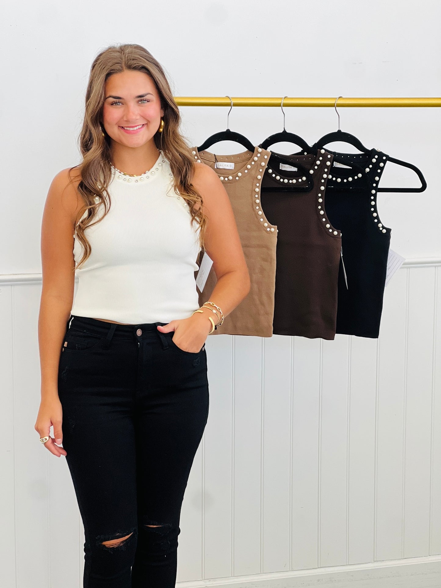 Crystal & Peral Detailed Tank Top (Reg.) - 4 Colors