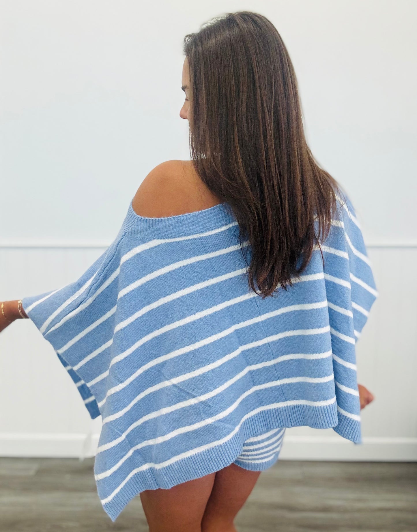Blue/White Striped Poncho Sweater Top (Reg.)