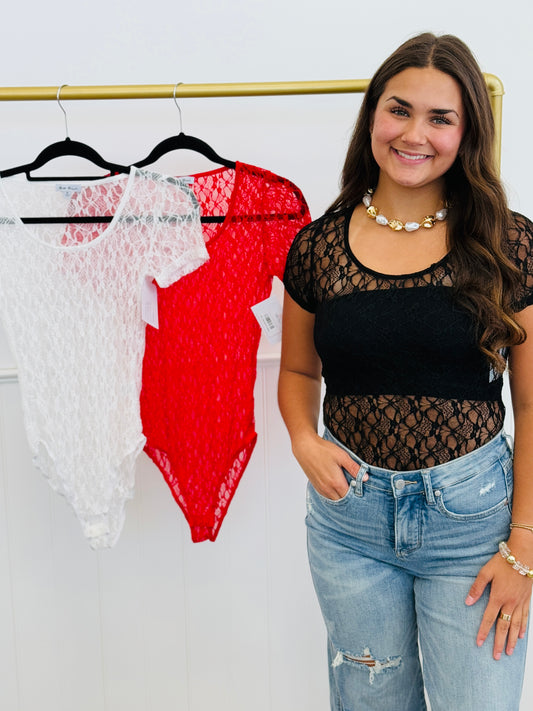 Sheer Mesh Lace Bodysuit (Reg & Plus)-3 Colors