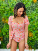 Pink Floral Puff Sleeve 1-Piece Swimsuit (Reg. & Plus)