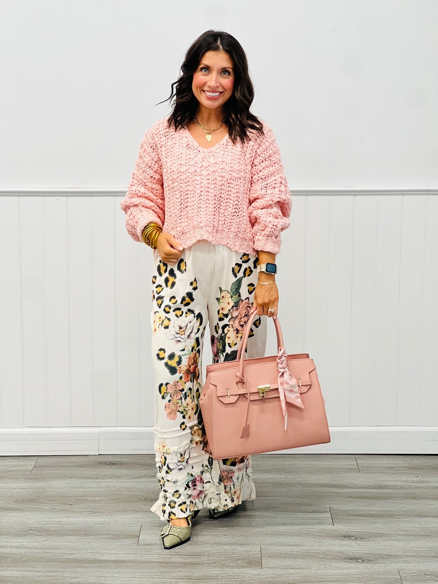 Beige Leopard Floral Ruffle Flowy Pants (Reg. and Plus)