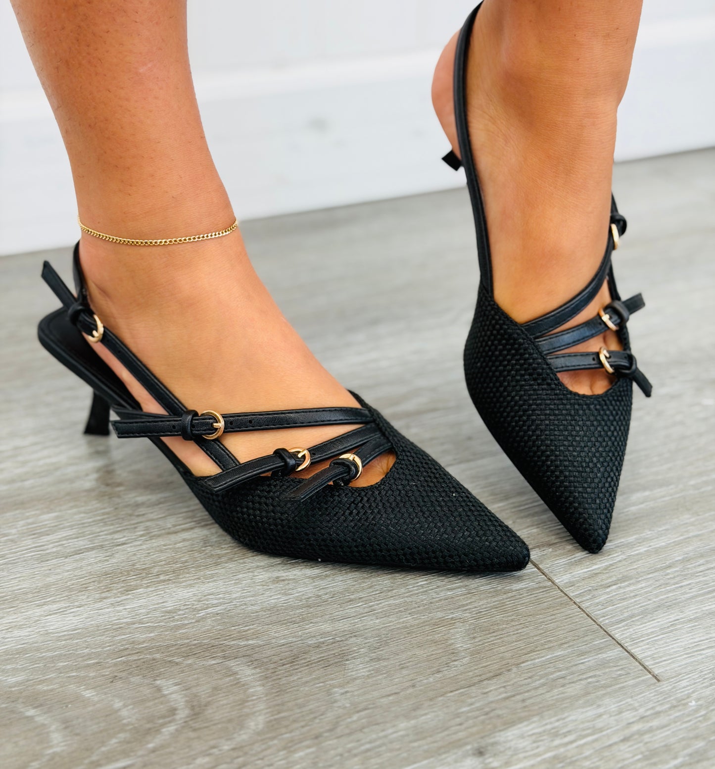 Black Buckle Belle Kitten Heels