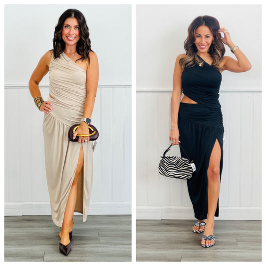 Asymmetric Ruched Knit Maxi Skirt (Reg.)-2 Colors