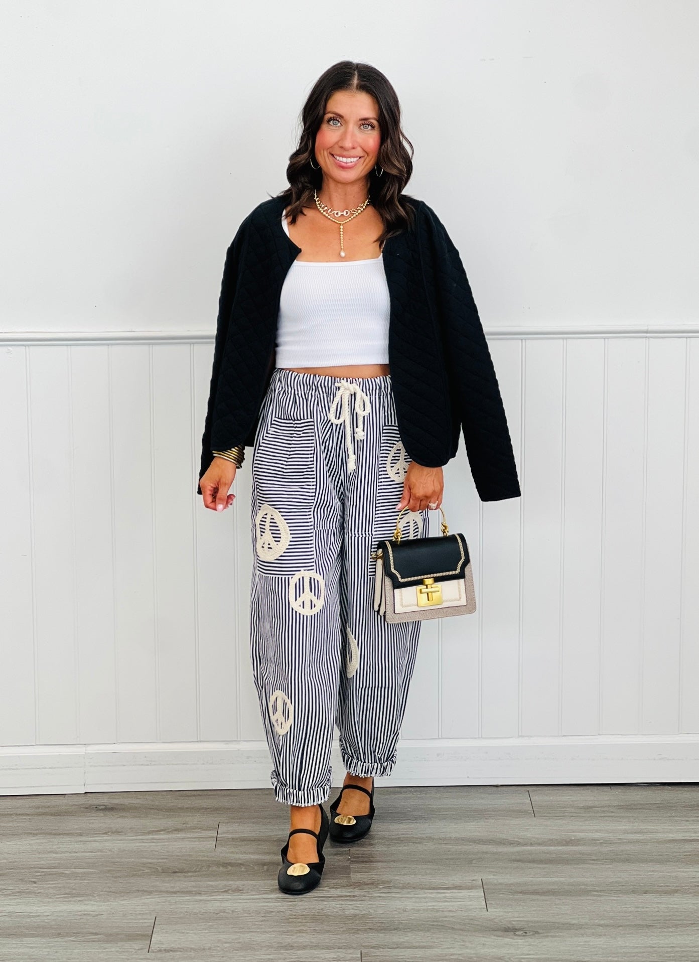 Black Peace Sign Pinstripe Palazzo Pants (Reg. and Plus)