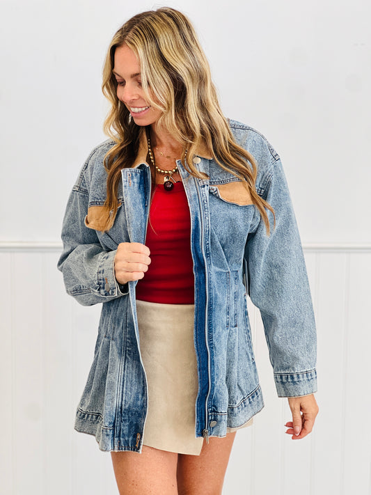 Denim Contrast Faux Suede Zip Up Jacket (Reg.)