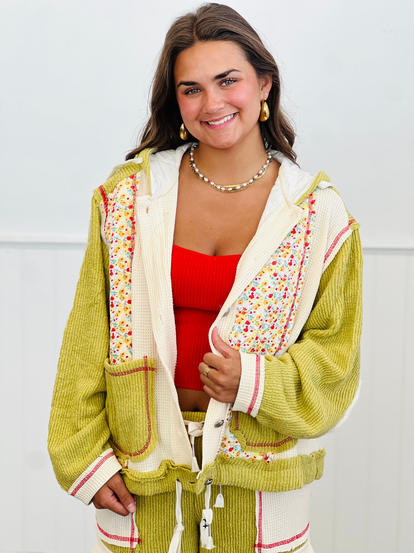 POL Lime Green Thermal Floral Quilted Hoodie Jacket (Reg.)