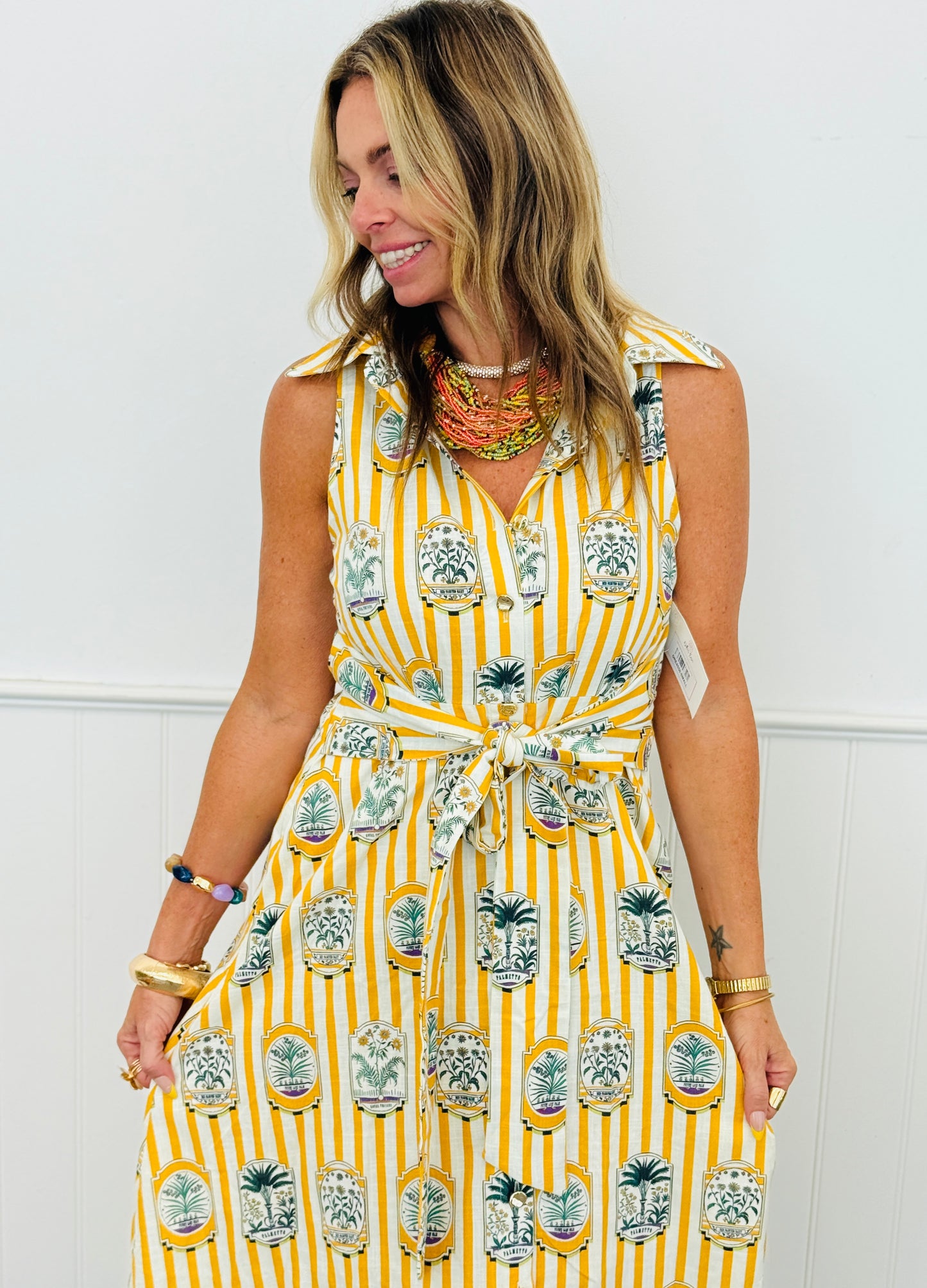 Gold Printed Sleeveless Midi Dress (Reg. and Plus)