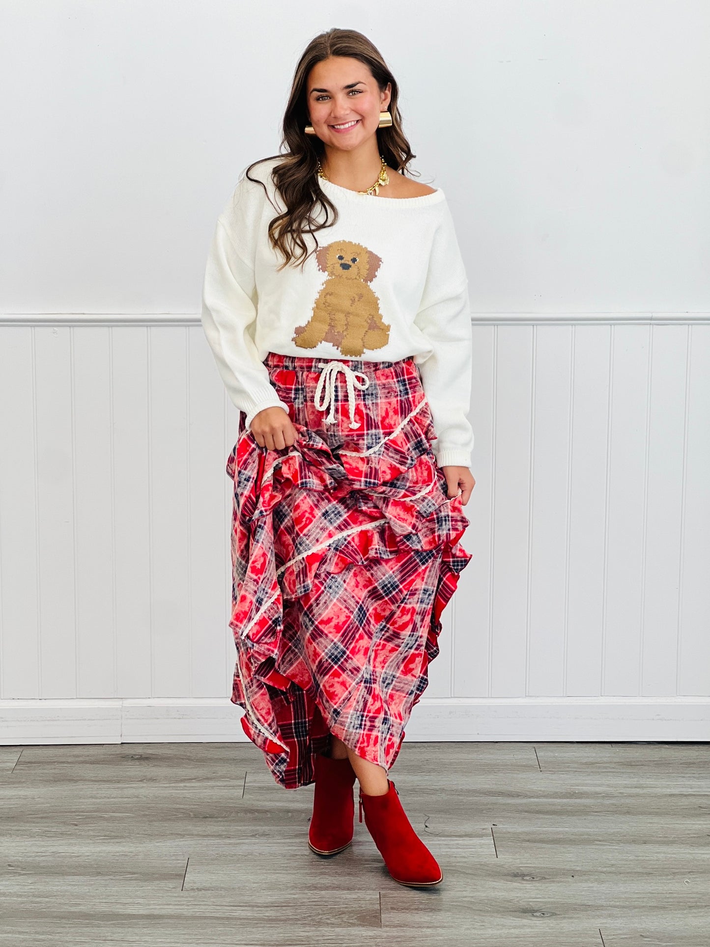 POL Red Plaid Ruffle Maxi Skirt (Reg.)