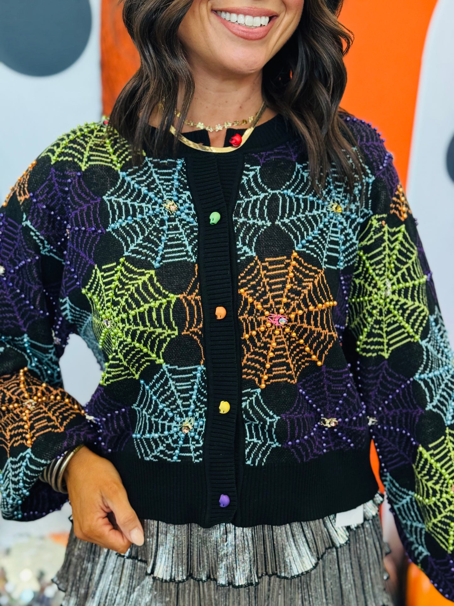 Queen Of Sparkles Black Multi Spiderweb Button Up Sweater (Reg. and Plus)