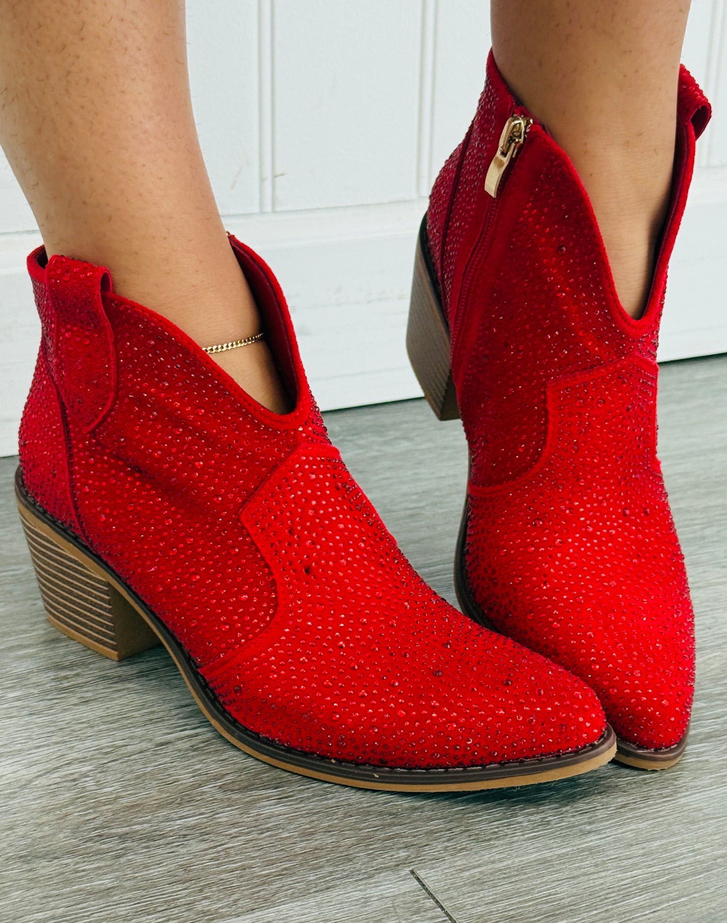 Red Steal the Spotlight Rhinestone Ankle Boots