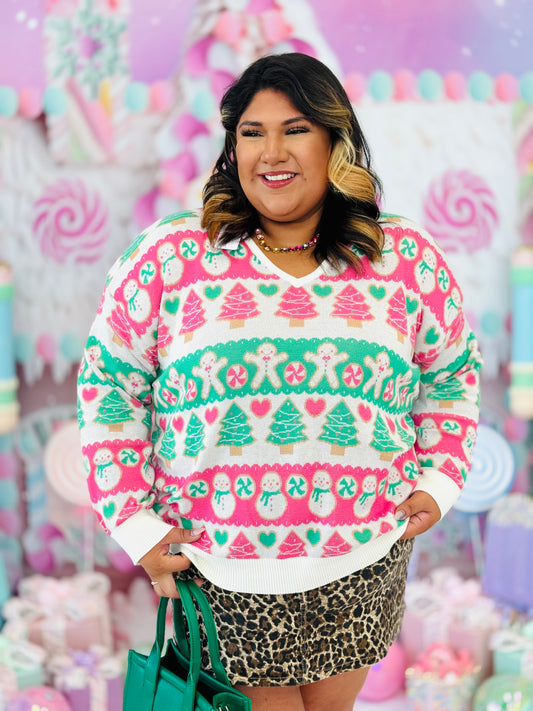 Pink/Green Christmas V-Neck Pullover Sweater Top (Reg. and Plus)