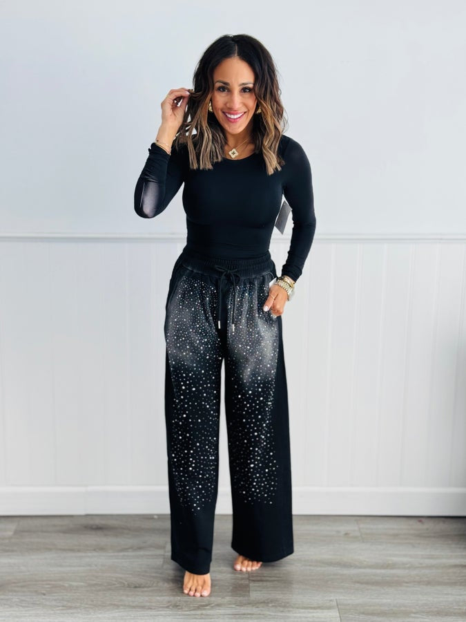 Black Rhinestone Wide Leg Pants (Reg. and Plus)