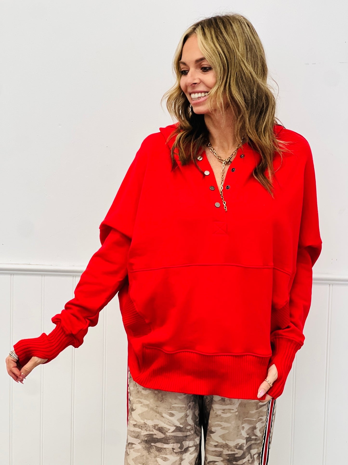 Washed Half Button Hoodie Sweatshirt (Reg.)-2 Colors