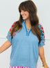 Denim Puff Sleeve Embroidered Top (Reg & Plus) - 2 Colors