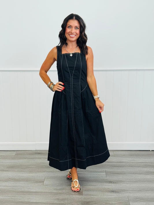 Black Exposed Stitching Midi Dress (Reg.)