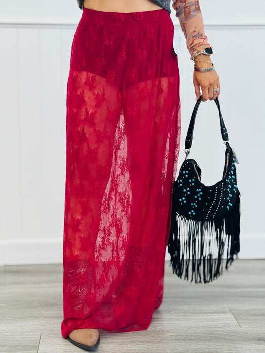 Burgundy Floral Lace Maxi Skirt (Reg.)