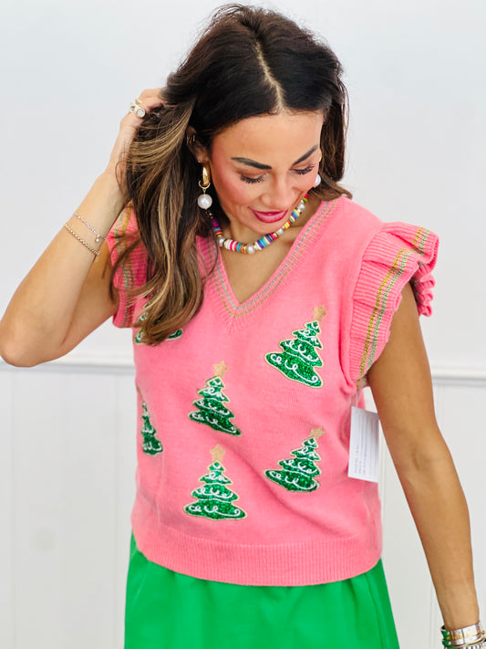 Pink Glitter Tree Patches Sweater Vest (Reg. and Plus)