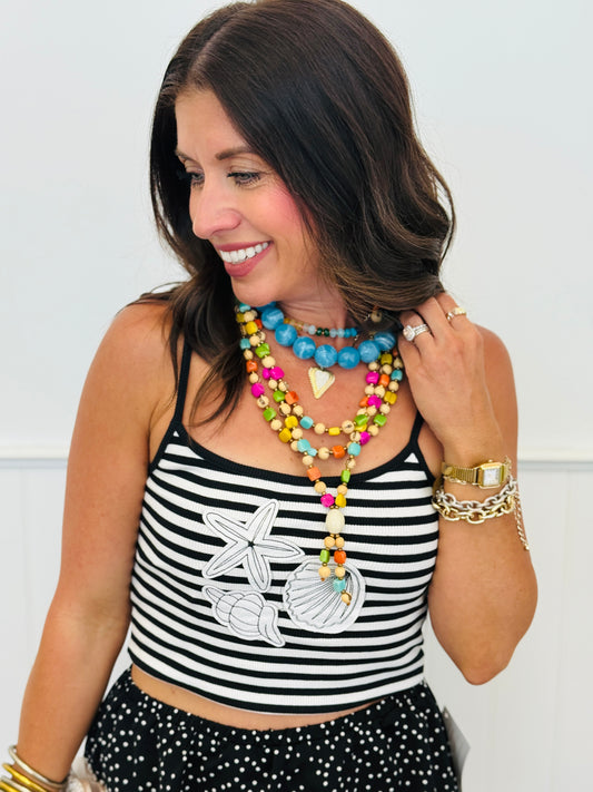 Black Striped Seashells Strappy Tank Top (Reg.)