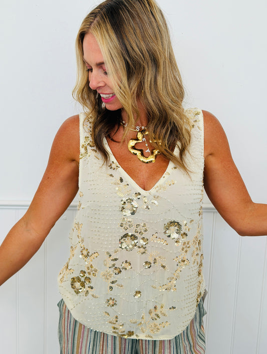 Beige Sequin Beaded V-Neck Blouse (Reg.)