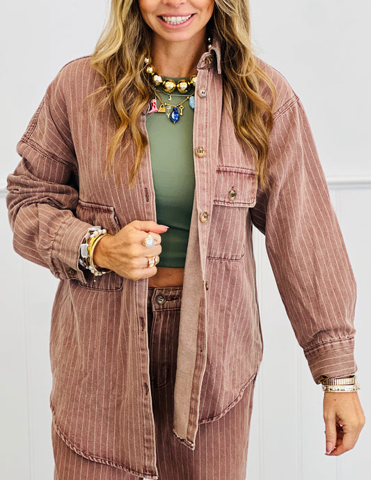Rust-White Striped Denim Shacket (Reg.)