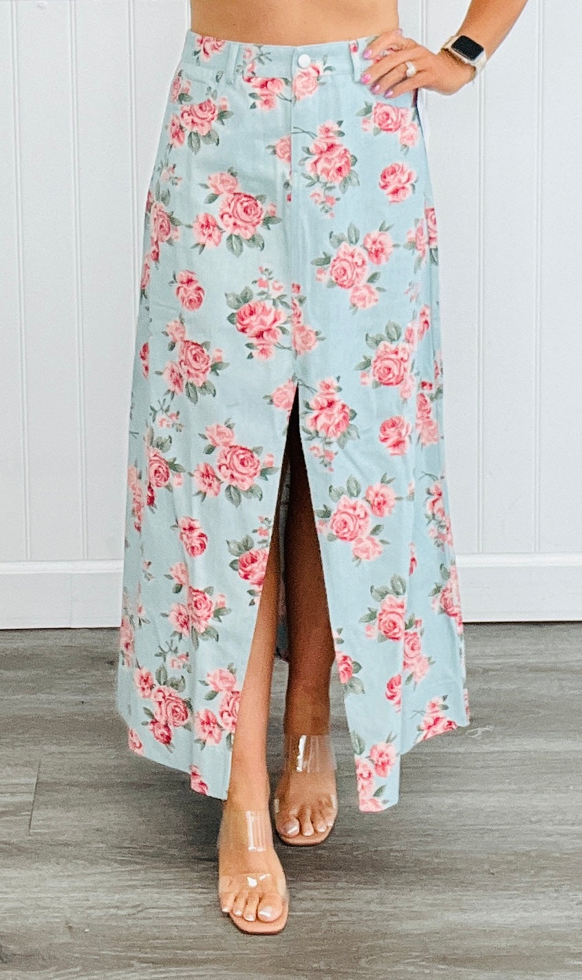 Lt. Denim Floral Print Front Slit Midi Skirt (Reg. and Plus)