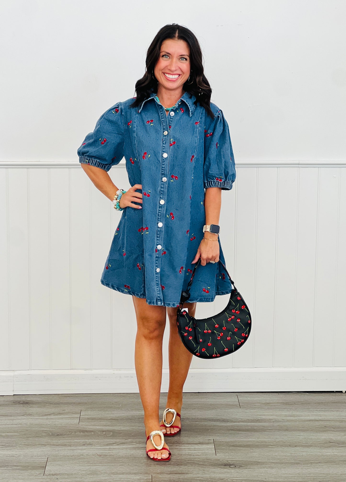 Cherry Denim Mini Shirt Dress (Reg. and Plus)
