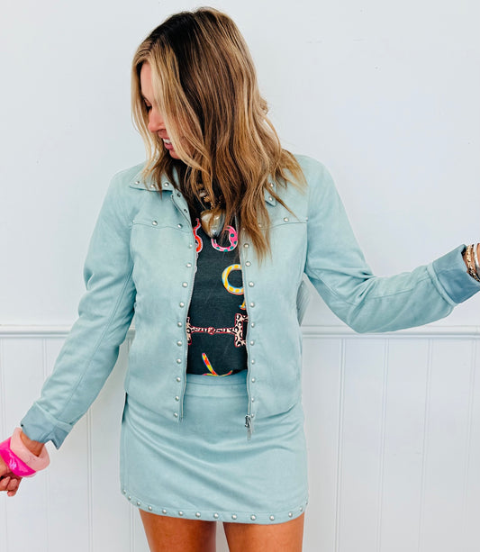 Dusty Blue Stud Detail Zip Up Jacket (Reg & Plus)