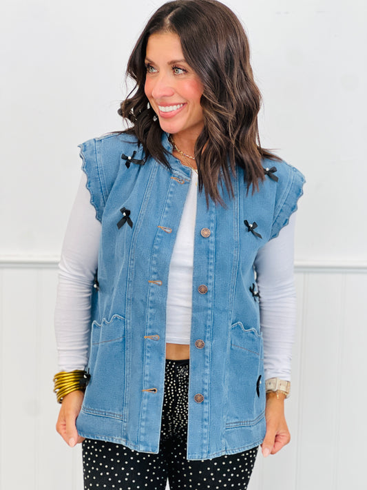 Washed Denim Scalloped & Bow Detailed Vest (Reg. and Plus)