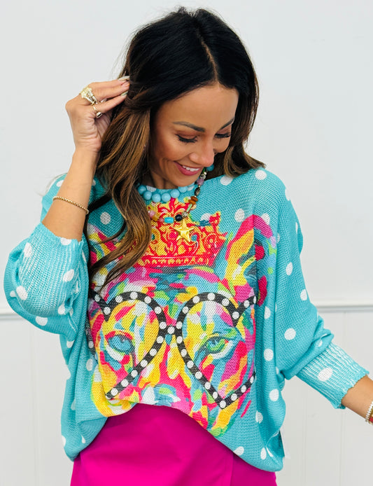 Turquoise Polka Dot Leopard Crowned & Colorful Pullover Top (One Size)