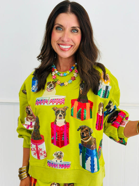Queen Of Sparkles Green Dogs in Present Boxes Sweatshirt (Reg. & Plus)