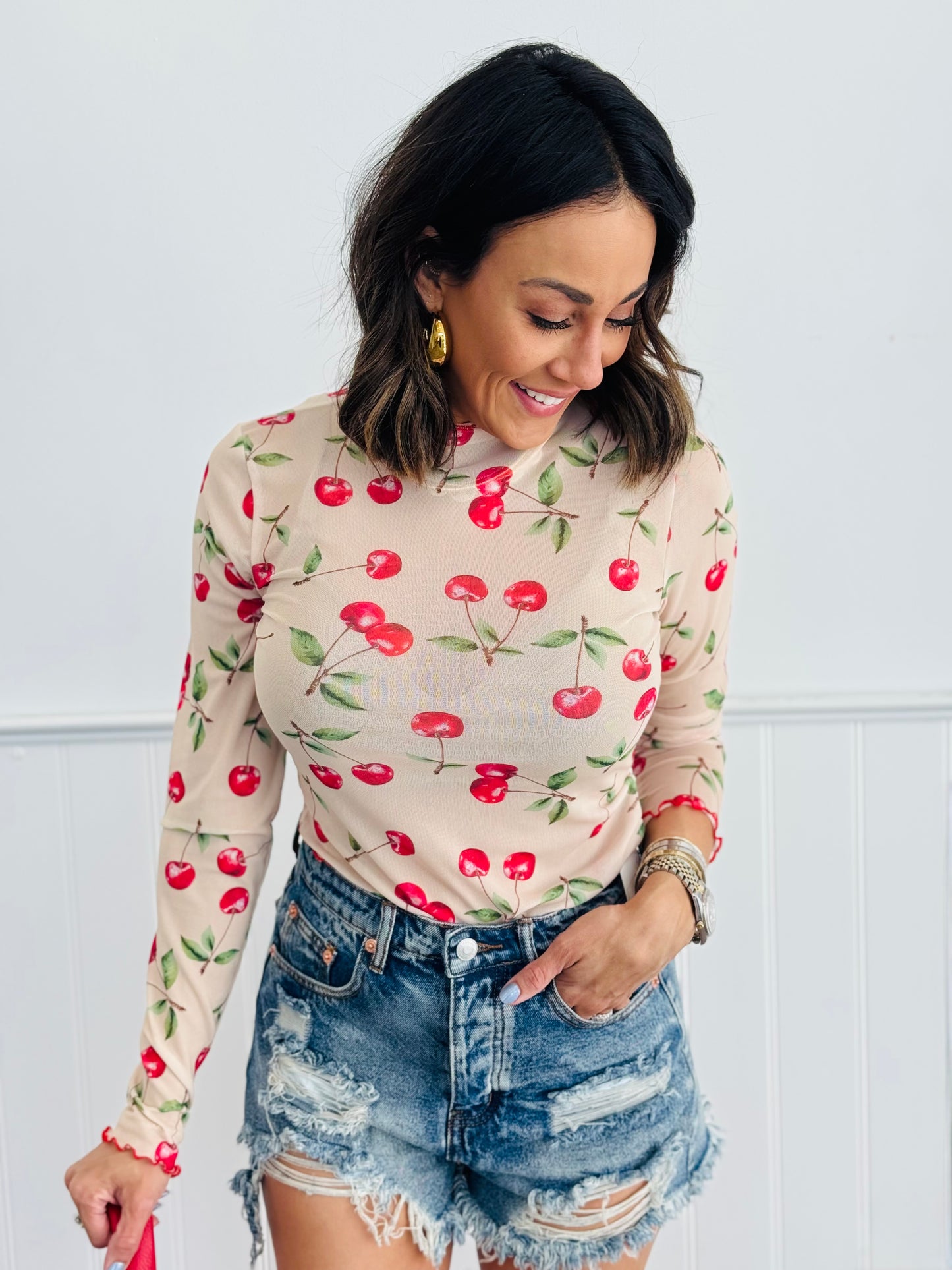 Beige Cherries Mesh Long Sleeve Top (Reg. and Plus)