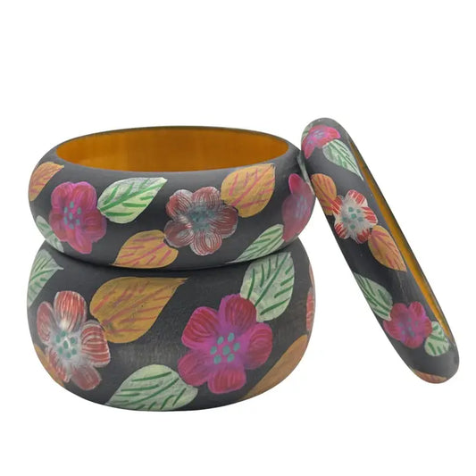 Colorful Hand-Painted Black Floral Wood Bangles Set