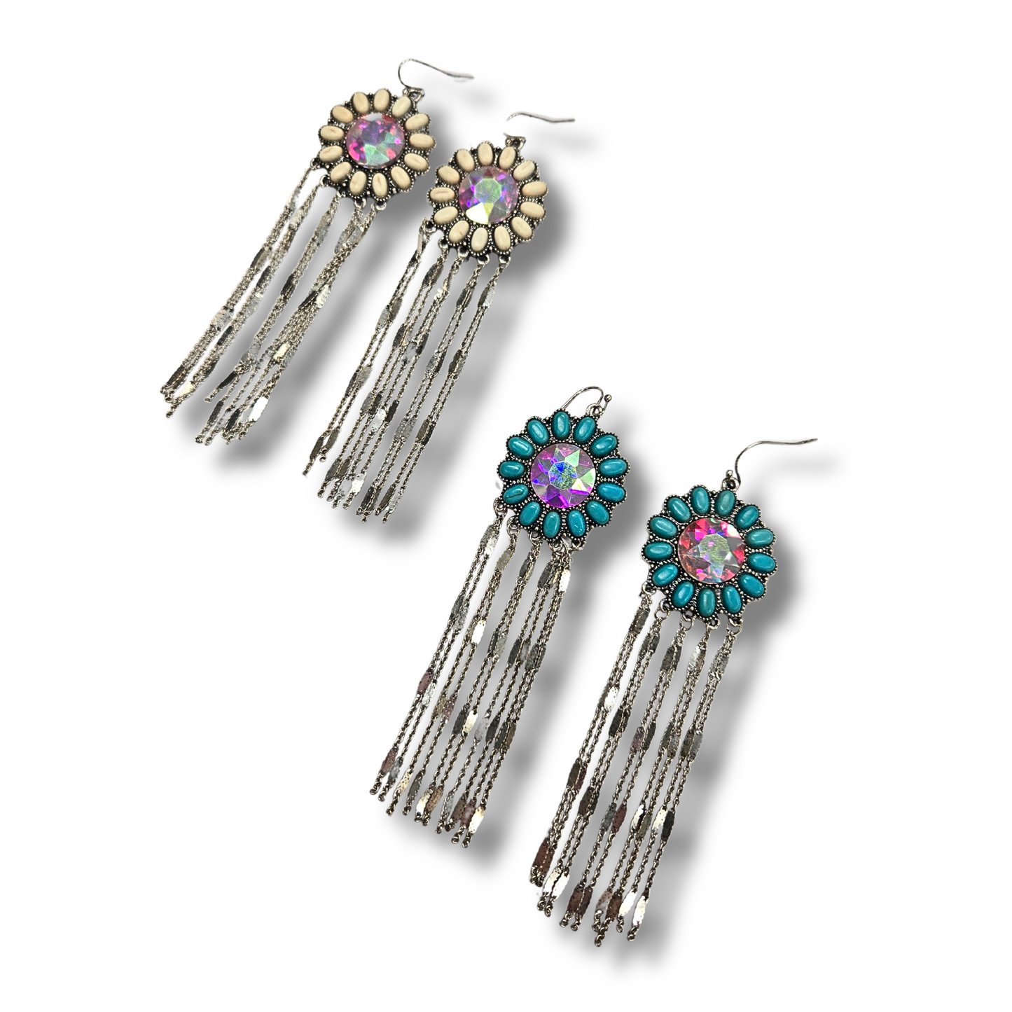 Crystal and Stone Flower Fringe Earrings (2 colors)