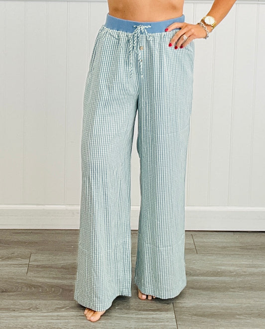Blue Gingham Waist Tie Pants (Reg.)