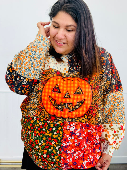 Queen Of Sparkles Floral Colorblock Gingham Pumpkin Sweatshirt (Reg. and Plus)