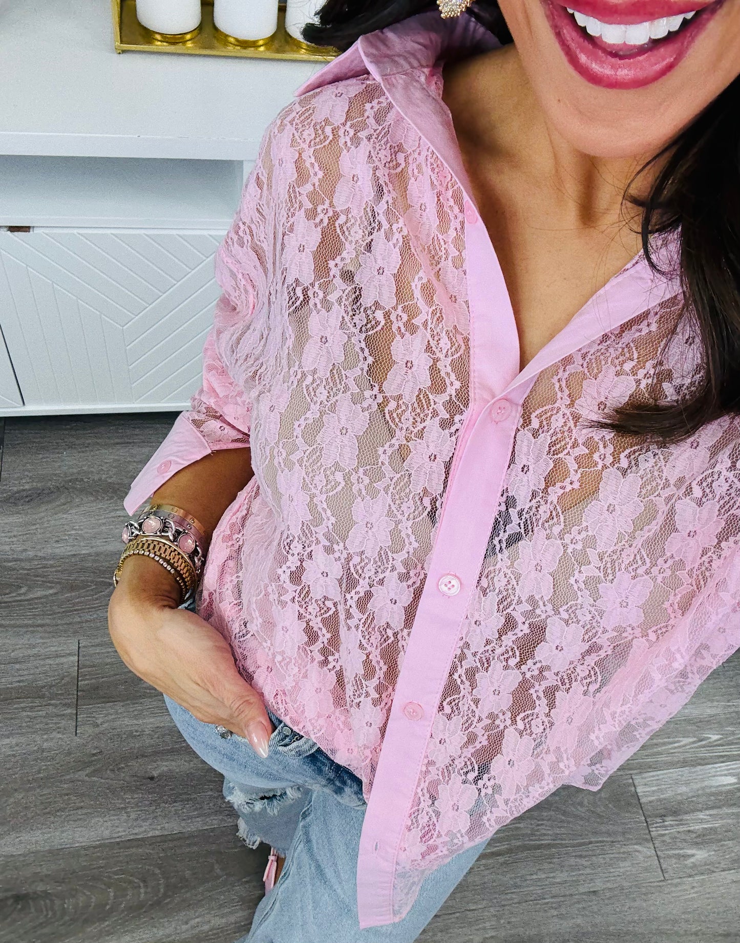 Pink Lace Kathryn Button-Up Blouse (Reg. and Plus)