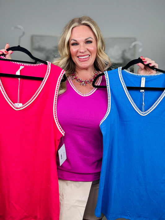 Dear Scarlett Embroidered Trim Sleeveless Top (Reg. and Plus) - 3 Colors