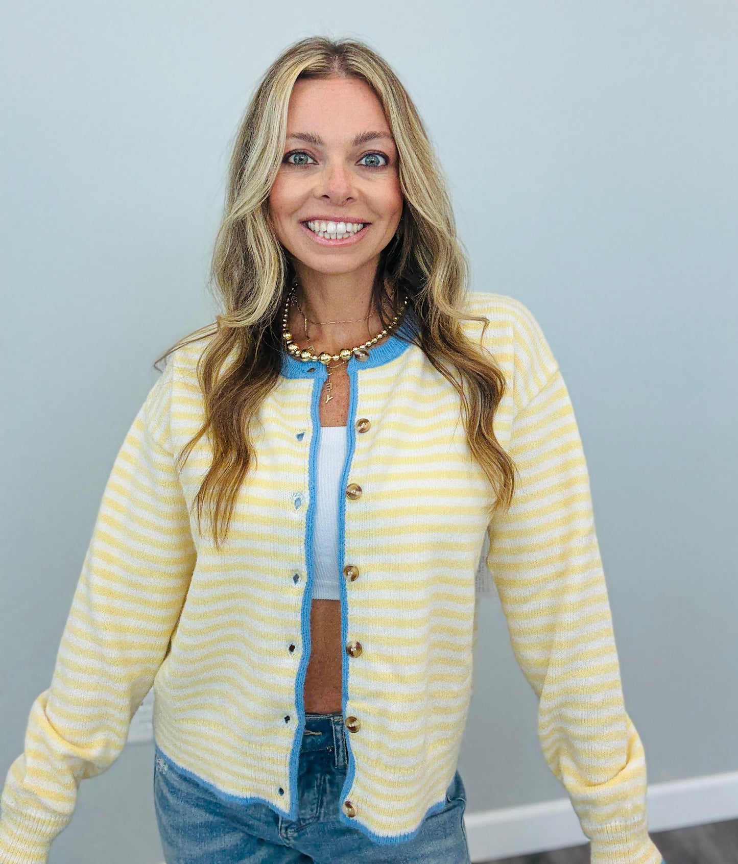 Daisy Blue Contrast Stripe Sweater Cardigan (Reg.)