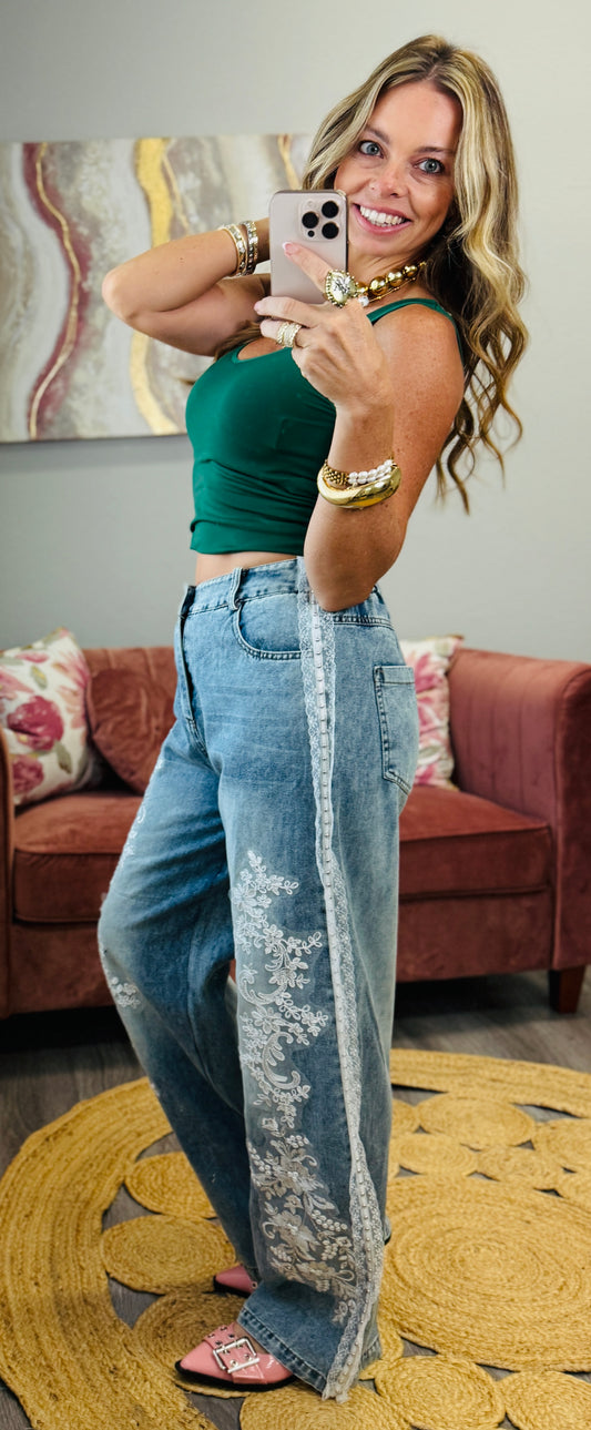 Denim Floral Lace Beaded Detail Pants (Reg.)