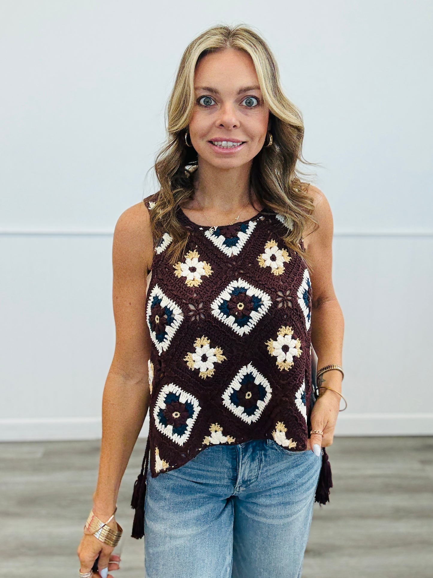 Mocha Crochet Granny Squares Side Tie Vest (Reg.)