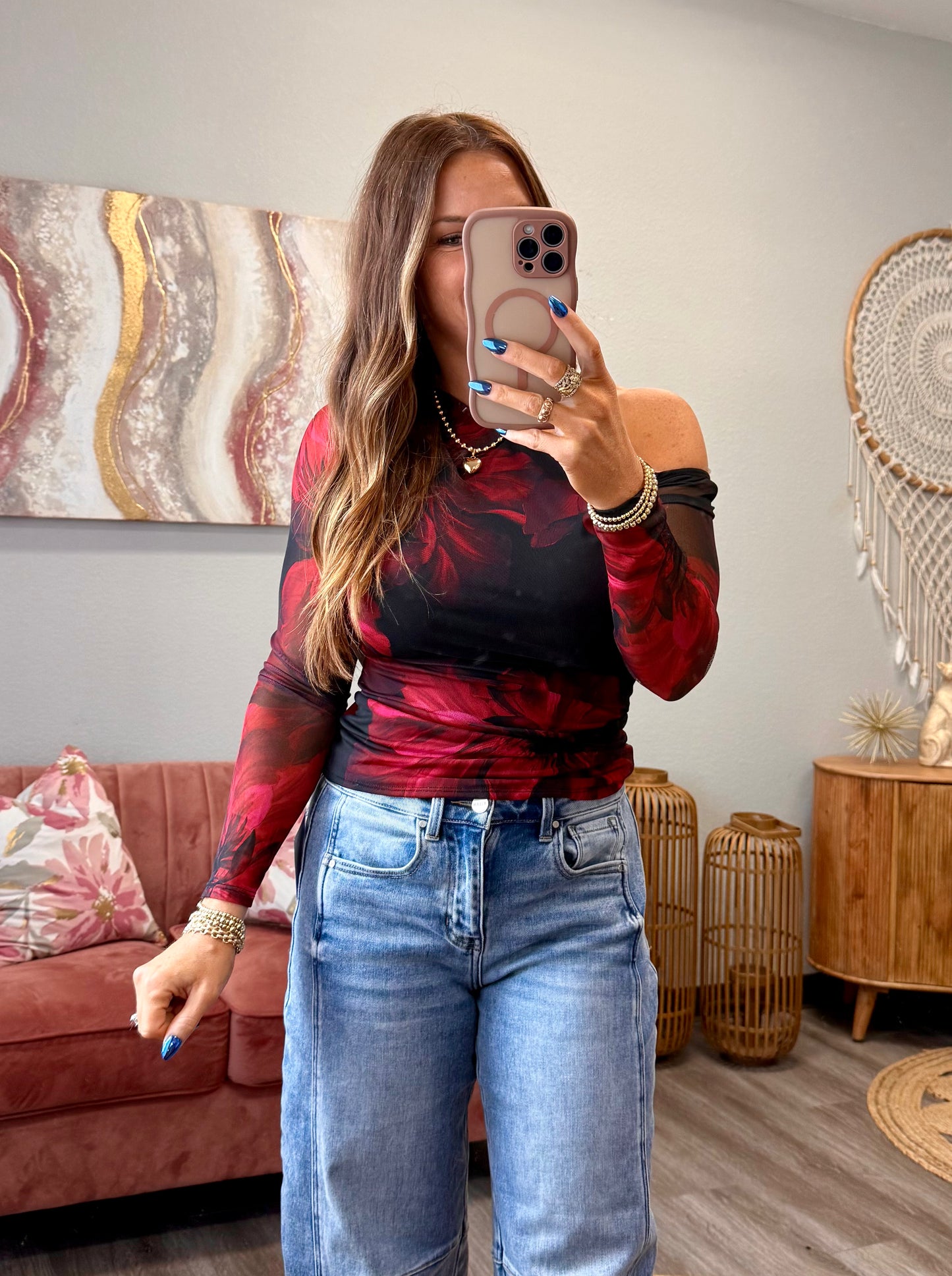 Black/Red Floral One Shoulder Long Sleeve Top (Reg.)