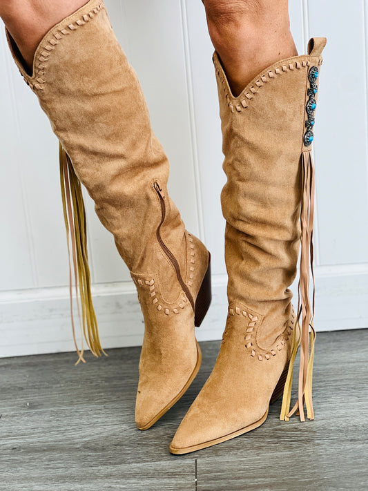 Beige High Noon Haze Fringe Boots