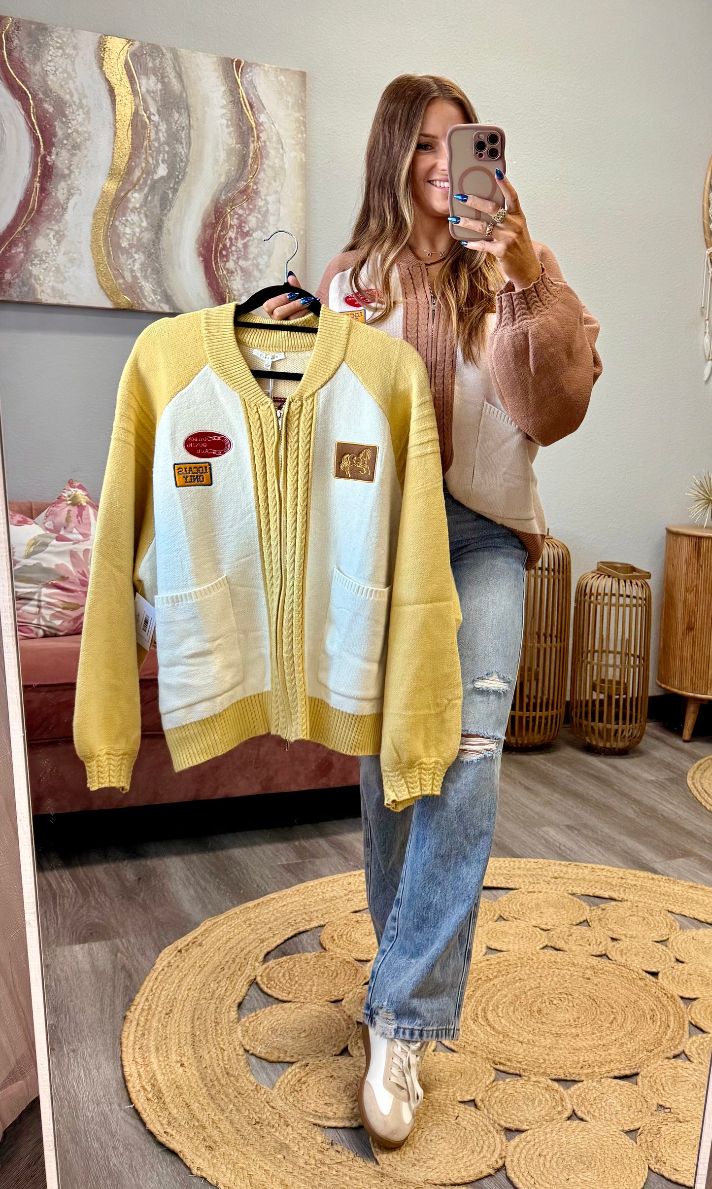 Western Patch Zip Up Sweater Jacket (Reg. and Plus) - 2 Colors