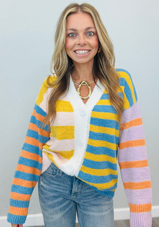 Multi Stripe Boucle Sweater Cardigan (Reg & Plus)