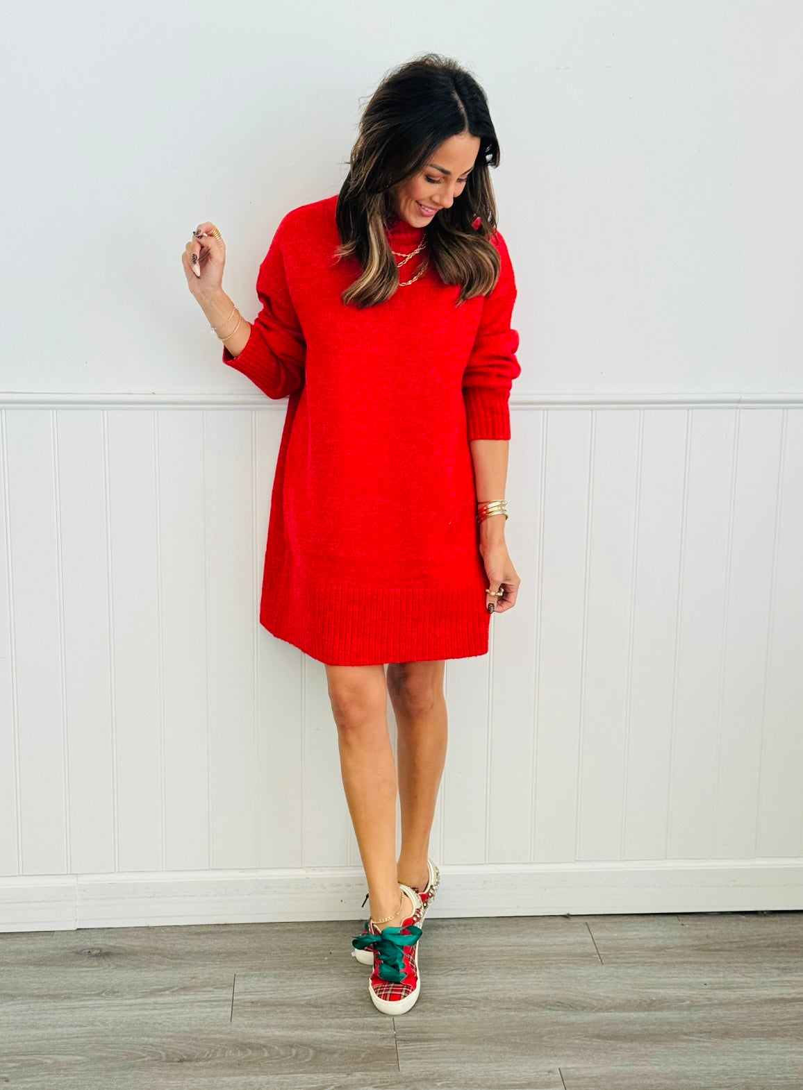 Red High Neck Mini Sweater Dress (Reg.)