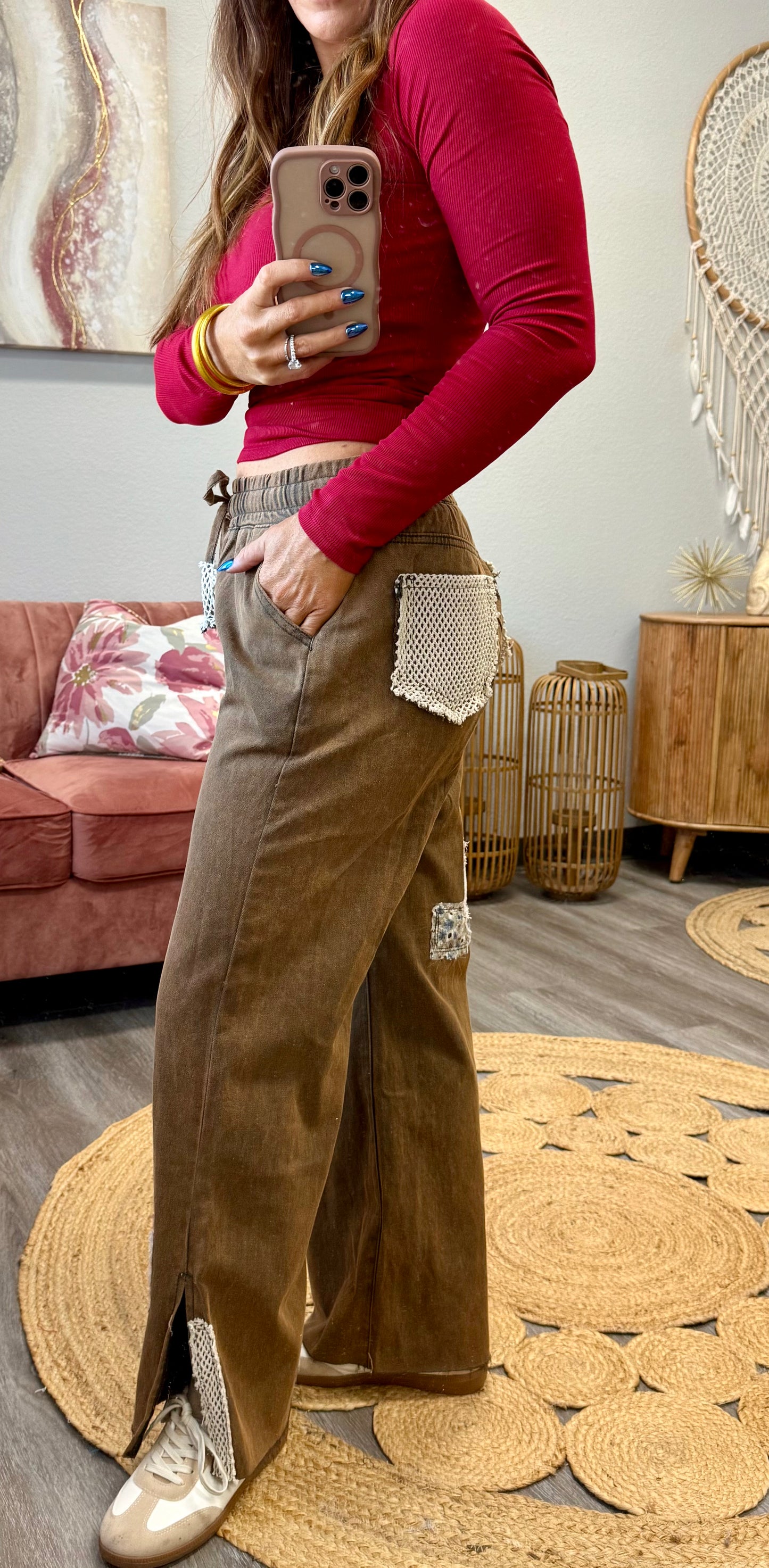 POL Rustic Charcoal Straight Crochet Patches Pants (Reg.)