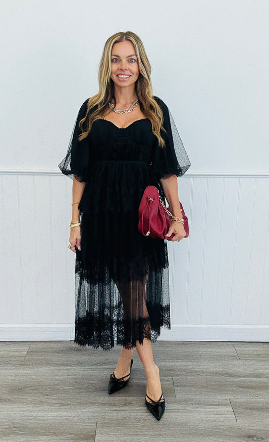 Black Layered Vintage Lace Midi Dress (Reg.)