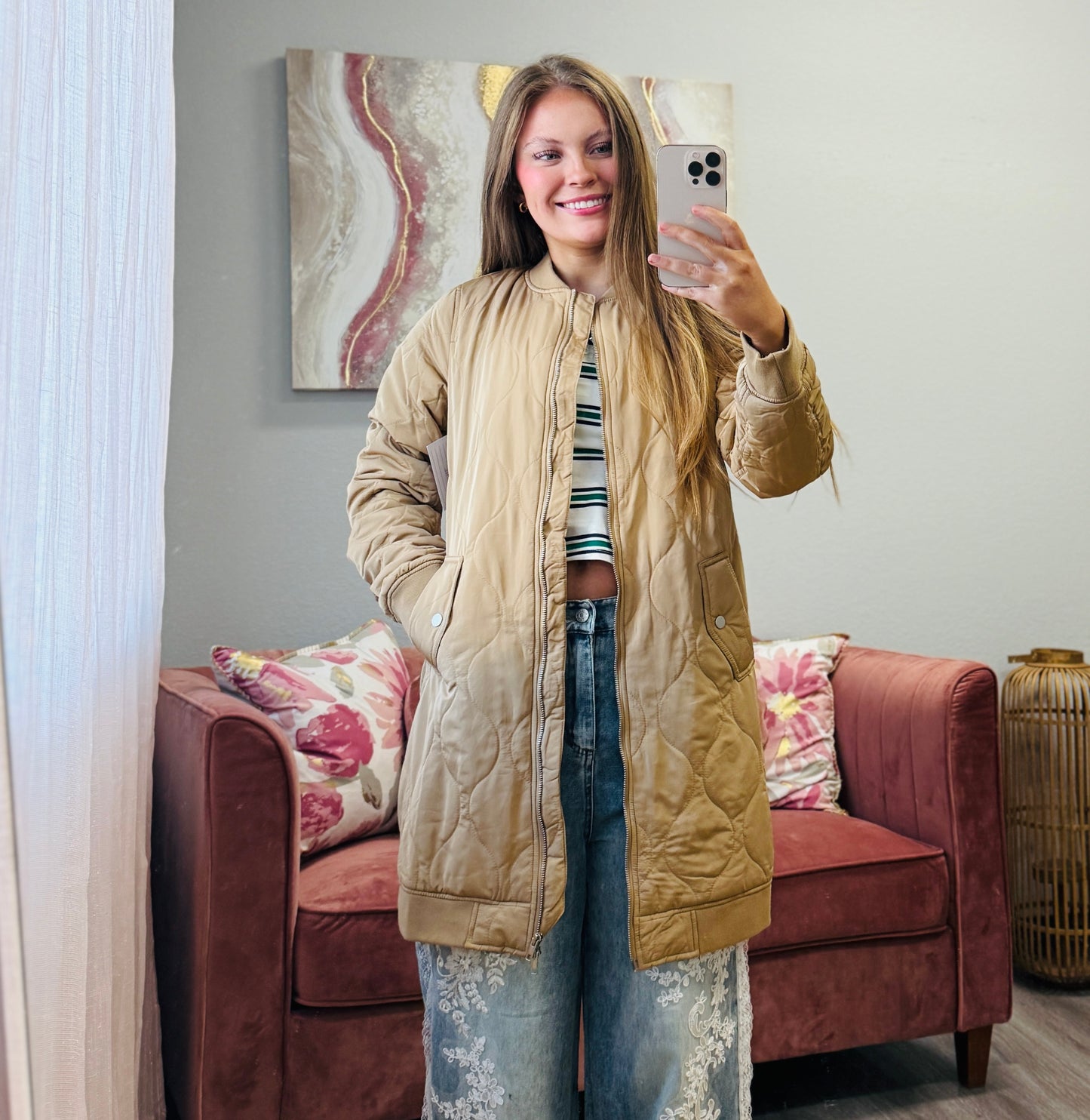 Latte Quilted Longline Bomber Jacket (Reg.)