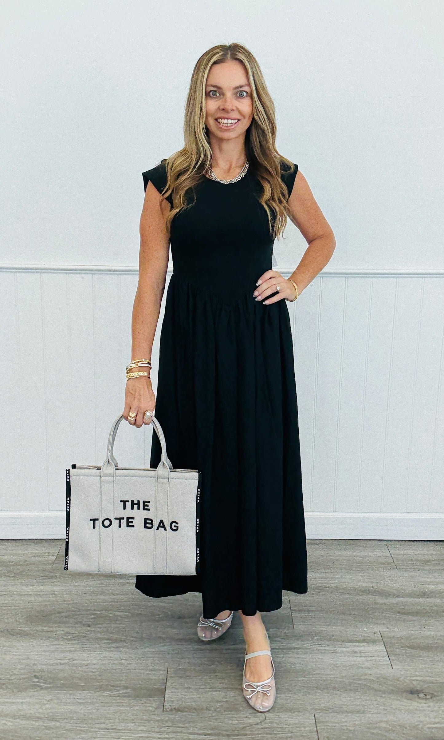 Black Drop Waist Shirred Midi Dress (Reg.)